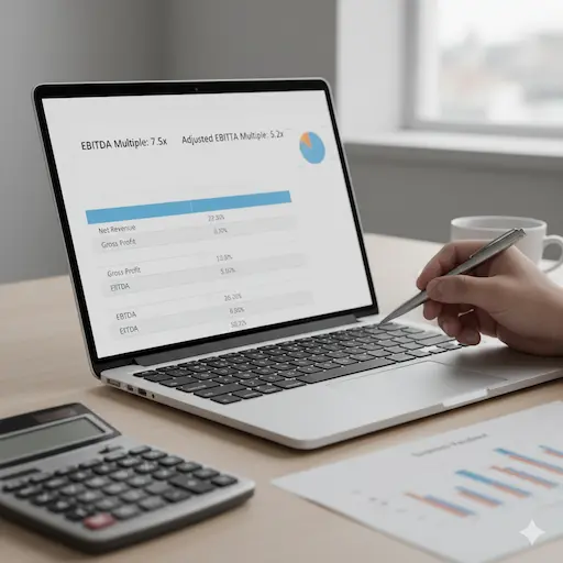inancial analysis showing different EBITDA multiples on a laptop screen