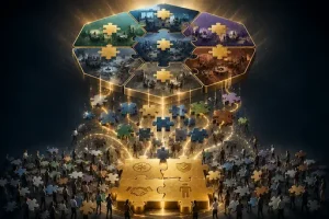 Conceptual 3D visualization of a values-driven organizational architecture showing the foundation of leadership standards—represented by golden puzzle pieces—connecting individual team members to a unified scaling framework to reduce leadership induced drag.