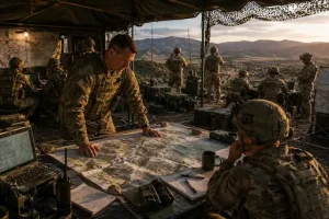 Battalion commander and staff analyzing terrain, maps, and operational plans inside a command post to create the conditions for mission success.