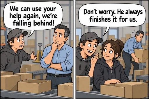 Two-panel cartoon showing employees learning to depend on their boss to finish their work.