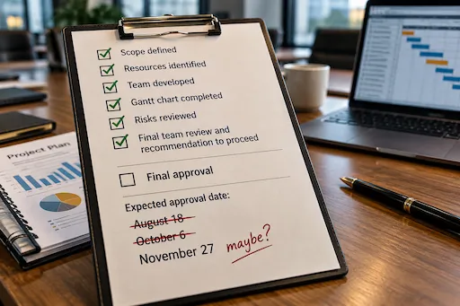 Project checklist showing completed planning steps delayed by an unchecked final approval, illustrating operational drag from approval bottlenecks